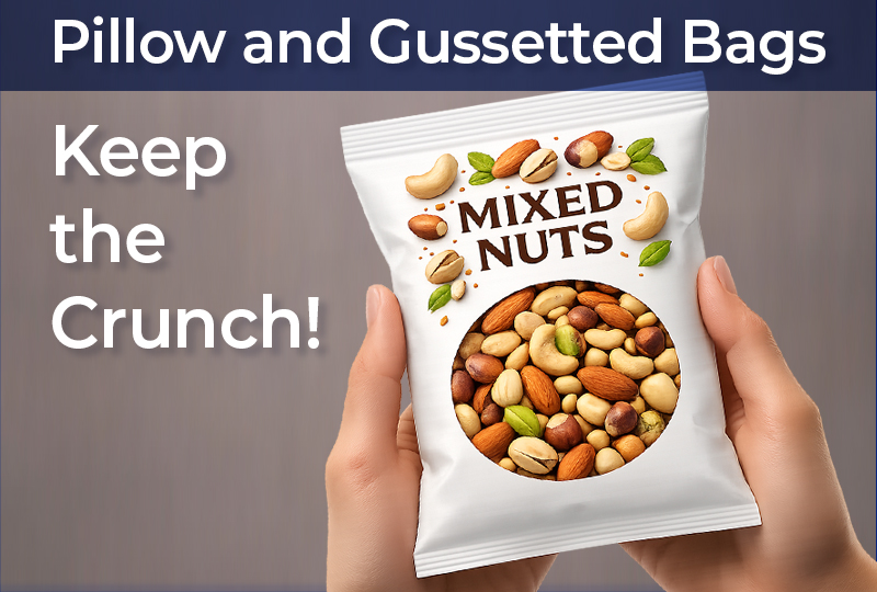 Hands holding a mixed nuts pouch showing nuts packaging in pillow and gusseted bag format