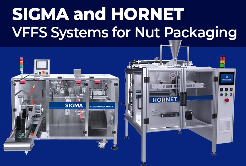 Nuts packaging machine featuring SIGMA stand-up pouch bagger and HORNET VFFS system for automated nut packaging