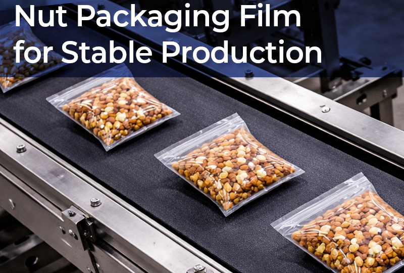 Customized nut packaging film used to pack mixed nuts in clear pillow bags on an automated conveyor line