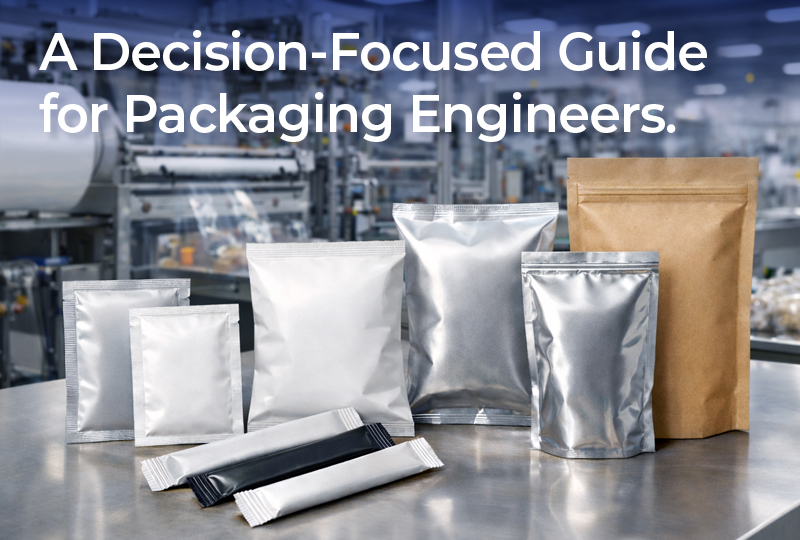 Various flexible packaging formats displayed in a production environment for packaging engineers