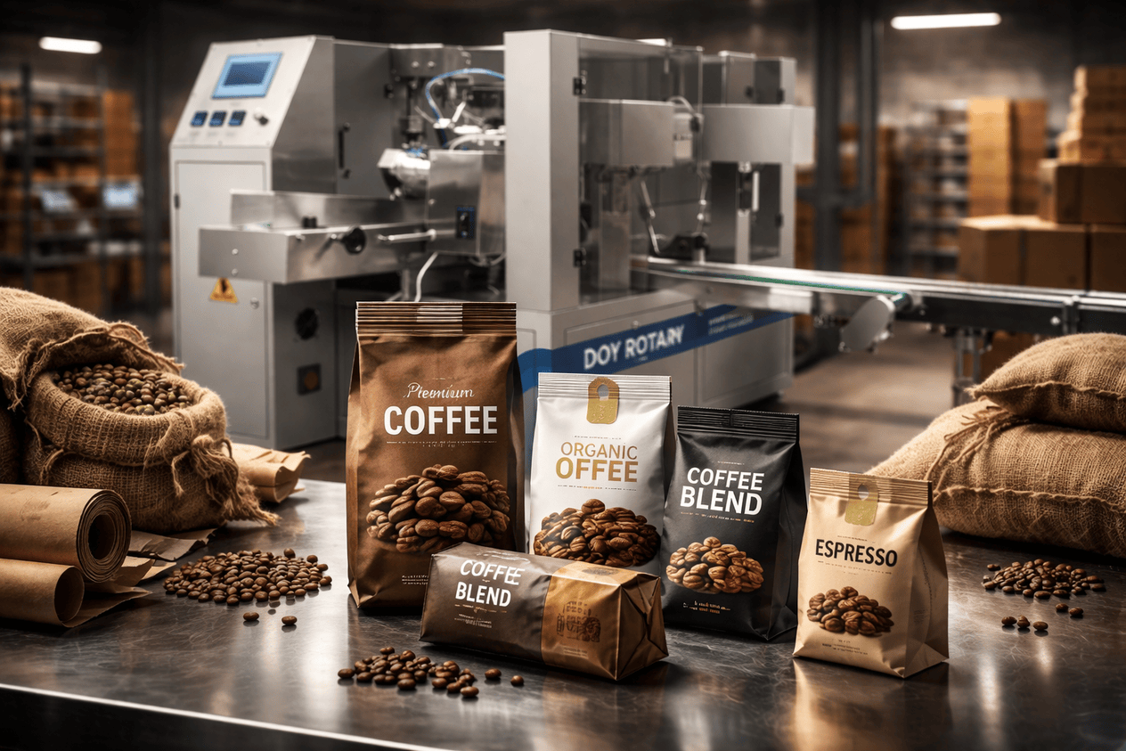 Industrial coffee packaging scene with a stainless steel rotary pouch packaging machine in the background, slightly out of focus. In the foreground, several coffee bags of different sizes and widths are arranged on a reflective metal surface. The bags include brown, white, black, and gold finishes with coffee bean graphics and labels such as “Coffee,” “Organic Coffee,” and “Espresso.” Roasted coffee beans are scattered around, alongside burlap sacks filled with beans and rolls of packaging material. The setting appears to be a modern packaging facility with soft lighting, blurred conveyor belts, and stacked boxes in the background, emphasizing production scale and efficiency.