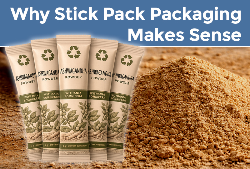Stick pack packaging for ashwagandha powder displayed alongside loose powder, highlighting single-serve convenience
