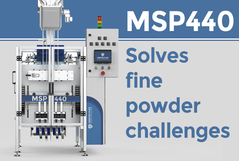 MSP440 powder packaging machine designed for handling fine powder applications with precision filling and sealing