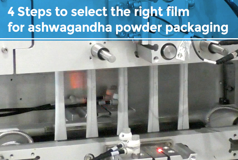 Powder packaging process showing vertical form fill seal machine forming sachets for ashwagandha powder