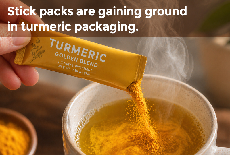 Turmeric stick pack pouring powder into a cup, showing convenient turmeric packaging format
