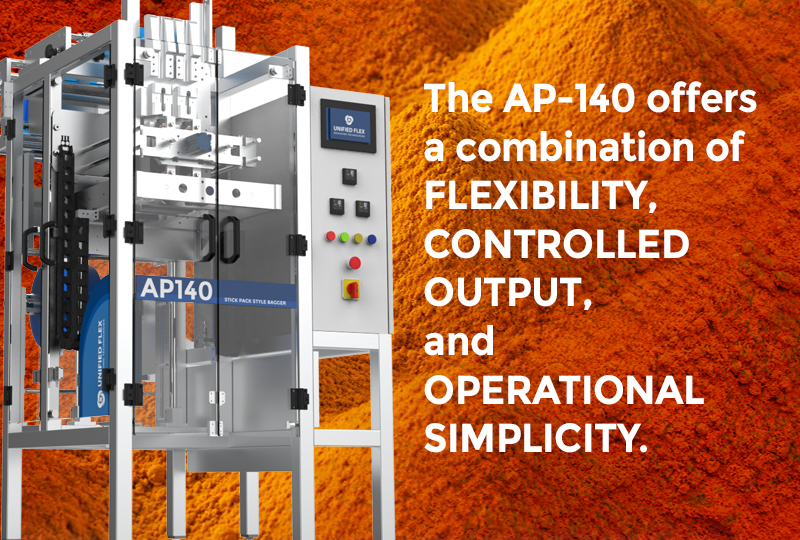 AP-140 turmeric packaging machine for stick pack production with controlled output and flexible operation