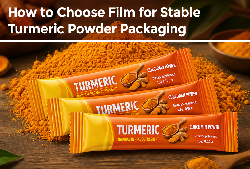 Turmeric stick packs on turmeric powder highlighting turmeric powder packaging and film protection