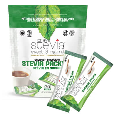 Stevia packaging featuring organic single-serve stick packs and a stand-up pouch.