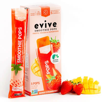 Smoothie packaging featuring frozen smoothie pops in retail cartons and individual stick packs.