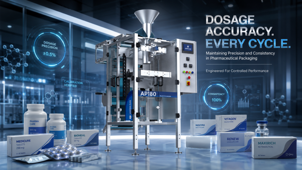 Pharmaceutical packaging machine AP180 with holographic dosage precision graphics showing ±0.5% accuracy and 100% consistency, surrounded by nutraceutical products.