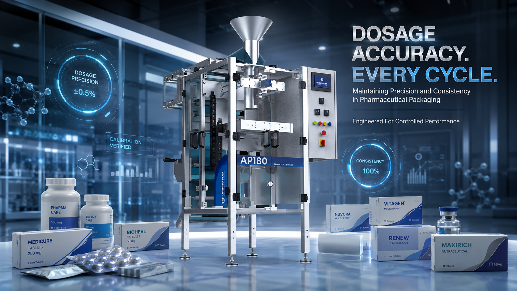 Pharmaceutical packaging machine AP180 with holographic dosage precision graphics showing ±0.5% accuracy and 100% consistency, surrounded by nutraceutical products.