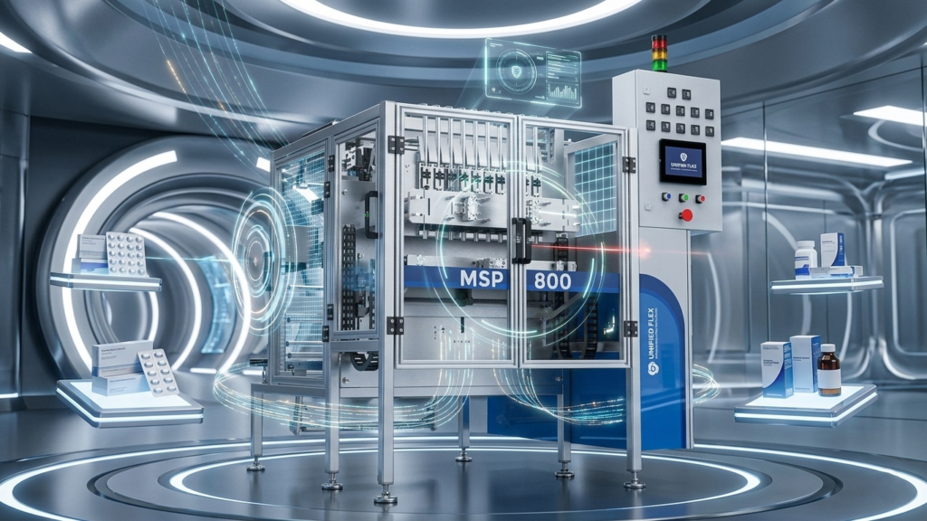 Unified Flex MSP 800 pharmaceutical packaging machine with smart sensors and PLC automation for high-precision medicine packaging