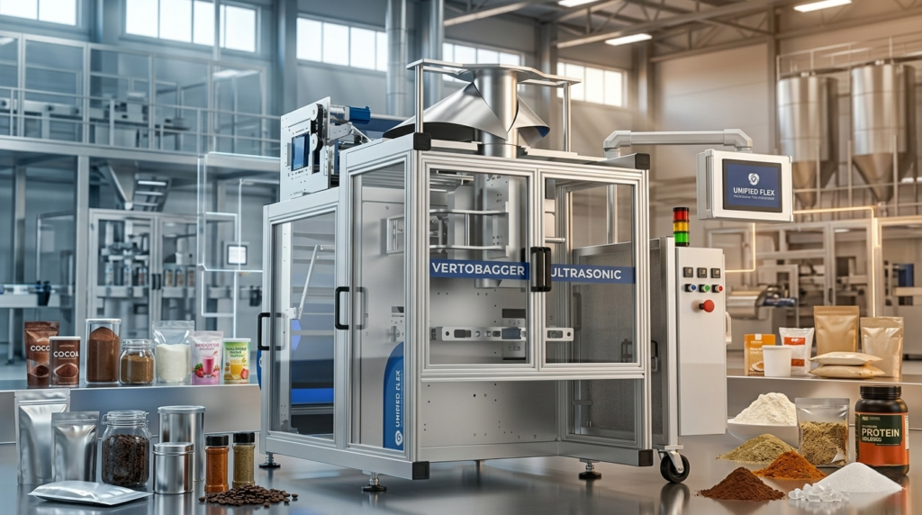Unified Flex Vertobagger Ultrasonic powder filling machine in food and beverage factory with packaged powders, protein, cocoa, and spices