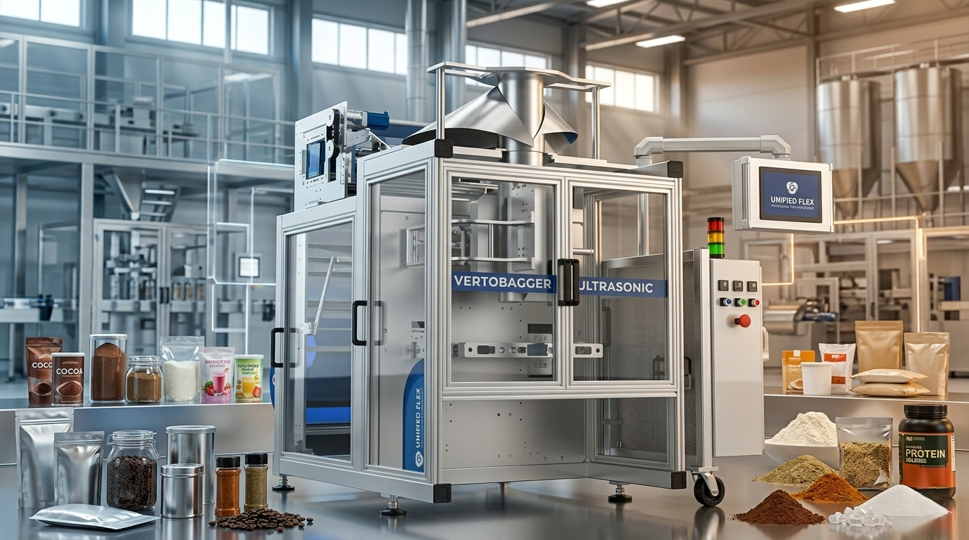 Unified Flex Vertobagger Ultrasonic powder filling machine in food and beverage factory with packaged powders, protein, cocoa, and spices