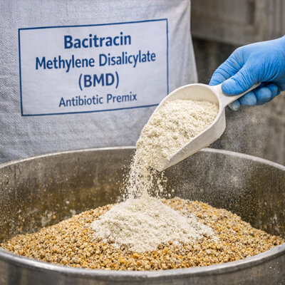 Medicated feed ingredients being blended with antibiotic premix during commercial feed production.