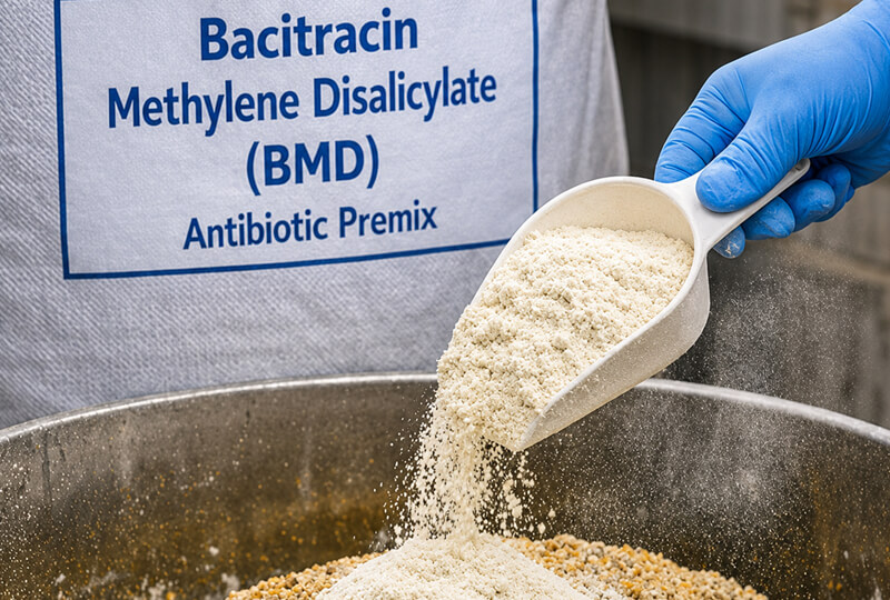 Medicated feed powder being blended during livestock feed manufacturing for antibiotic premix production.