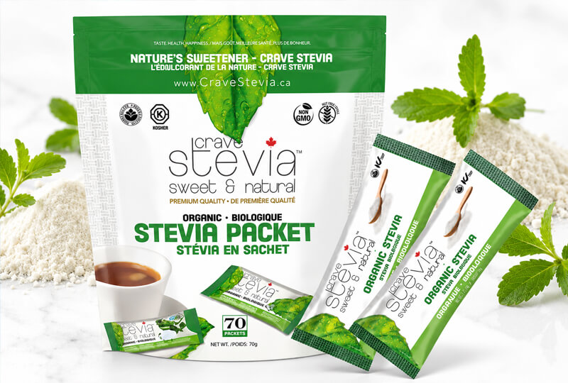 Organic stevia packaging featuring single-serve stick packs and a retail pouch for natural sweetener products.