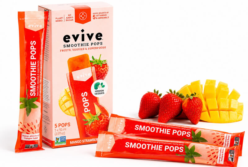Smoothie packaging featuring frozen smoothie pops in individual stick packs alongside a retail carton.