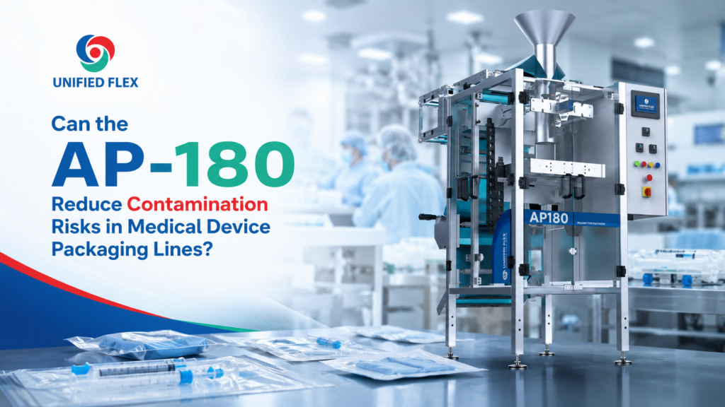 AP-180 automatic pouch packaging machine by Unified Flex in a sterile medical device packaging facility, designed to reduce contamination risks with high-speed, enclosed operation.