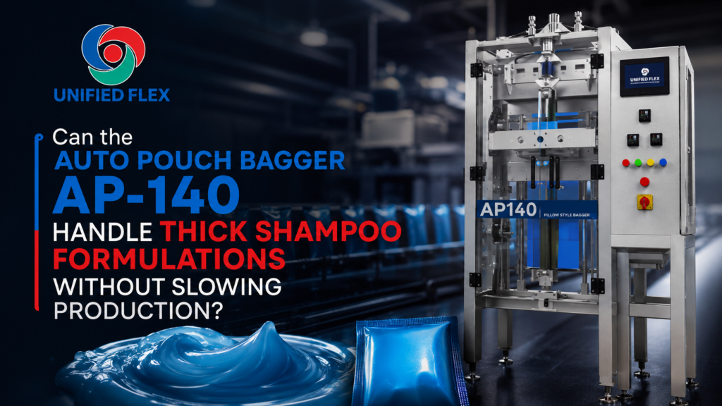 Auto Pouch Bagger AP-140 by Unified Flex packaging thick blue shampoo into pillow-style pouches on a high-speed production line