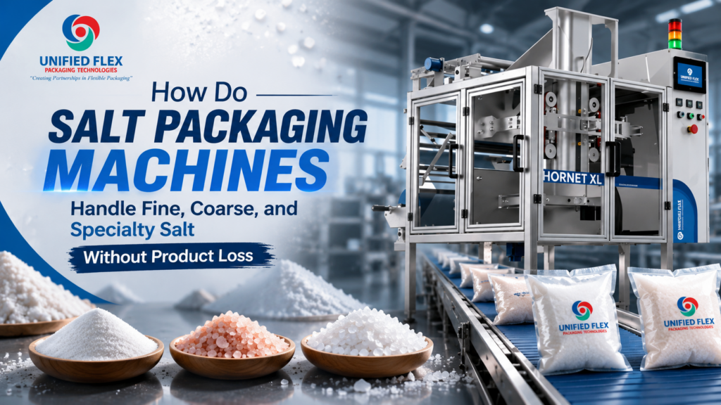 Unified Flex Hornet XL salt packaging machine handling fine, coarse, and specialty salts with zero product loss on a high-speed production line, featuring different salt varieties in the foreground.