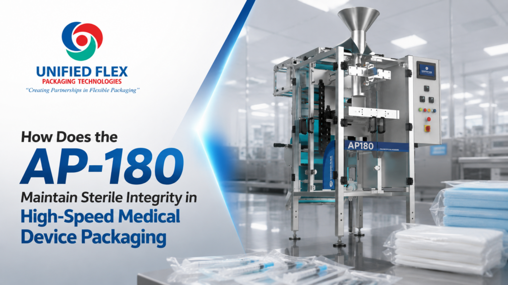 Unified Flex AP-180 automatic pouch filling machine maintaining sterile integrity while packaging medical devices like syringes at high speed in a cleanroom environment
