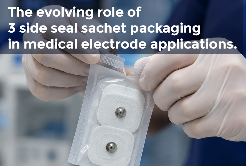 Medical electrodes sealed in a 3 side seal sachet package for sterile medical device packaging applications.