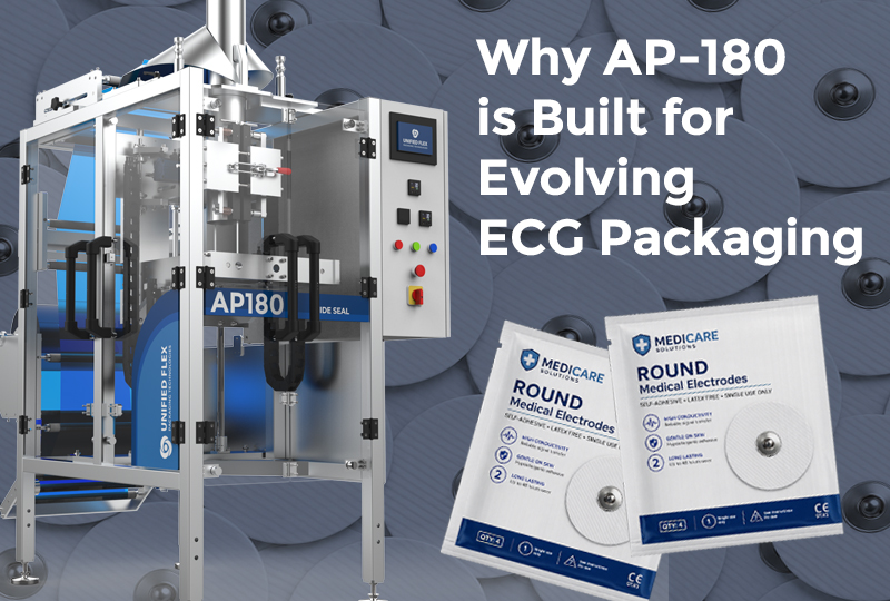Auto pouch bagger AP-180 packaging disposable ECG electrodes in 3-side seal, 4-side seal, pillow bag, and stick pack formats.