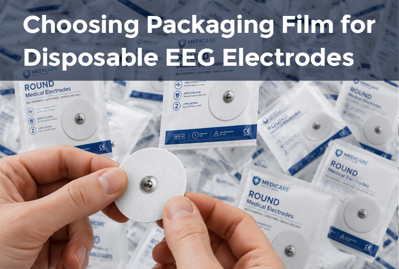 Disposable EEG electrodes individually packaged in sealed medical pouches for sterile storage and product protection.