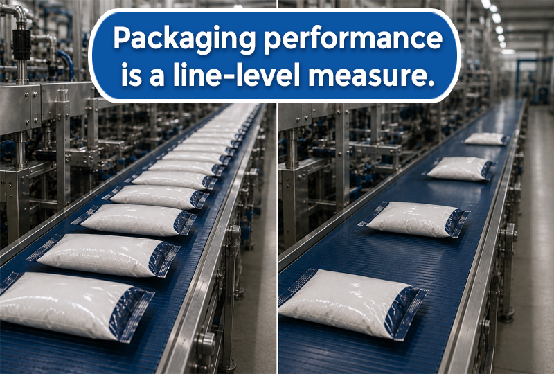 Packaging line with filled pouches illustrating packaging performance as a line-level measure