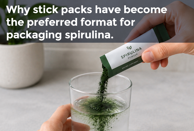 Spirulina powder stick pack being poured into water for convenient spirulina packaging
