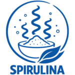 Spirulina packaging icon featuring a bowl of spirulina powder with steam and a leaf.