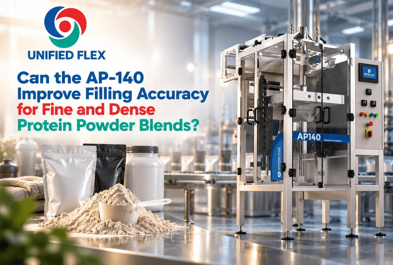 Unified Flex AP-140 pillow style bagger filling fine and dense protein powder blends with high accuracy into pouches and jars
