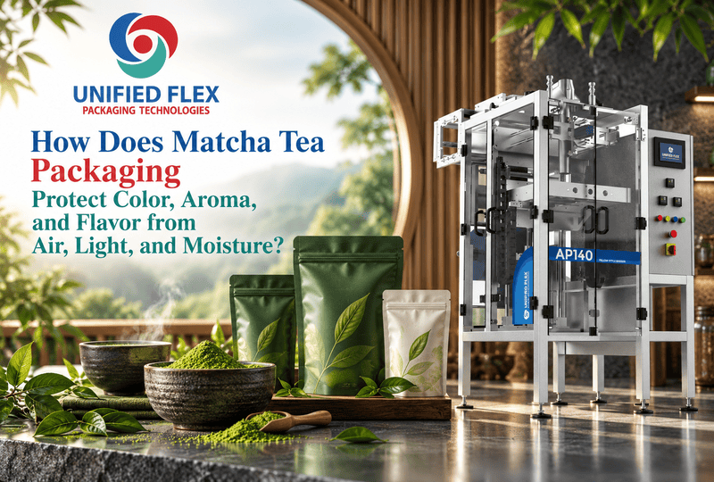 Unified Flex AP140 packaging machine with matcha tea pouches and powder protecting color aroma and flavor from air light moisture