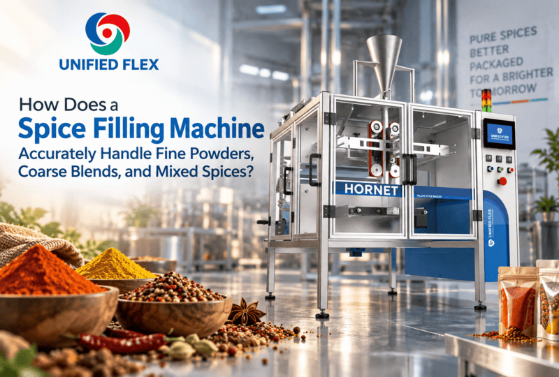 Unified Flex Hornet spice filling machine accurately packaging fine powders, coarse blends, and mixed spices into pouches