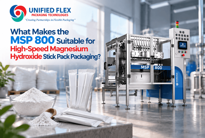 Unified Flex MSP 800 multi-lane stick pack machine for high-speed magnesium hydroxide packaging with white powder and stick packs