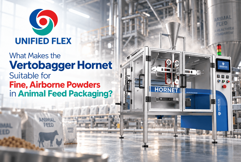 Unified Flex Vertobagger Hornet packaging machine handling fine airborne powders for animal feed bags in industrial facility
