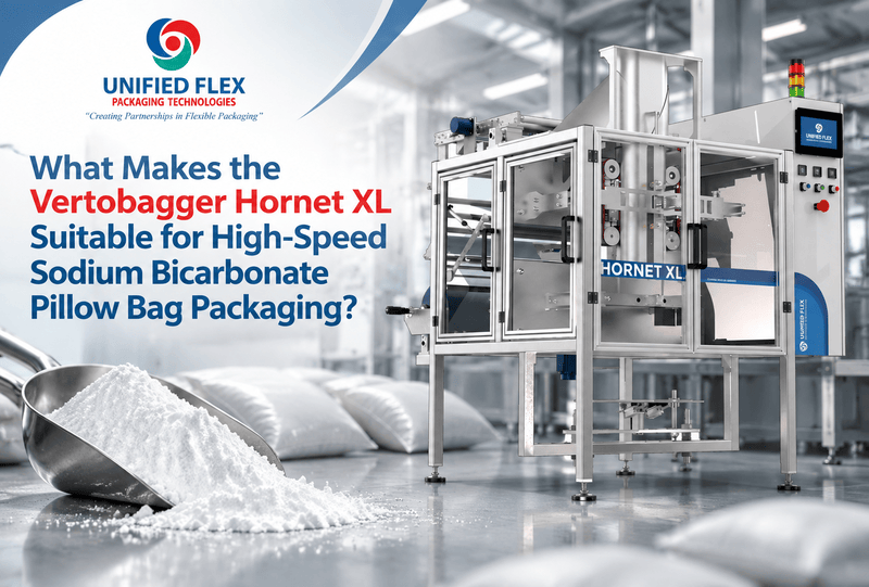 Unified Flex Vertobagger Hornet XL packaging machine for high-speed sodium bicarbonate pillow bag packaging with white powder