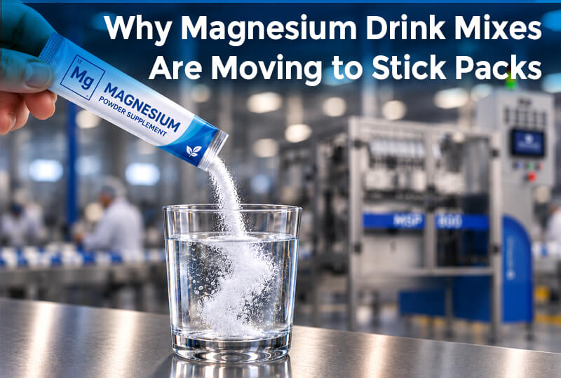 Magnesium stick pack pouring drink mix powder into water