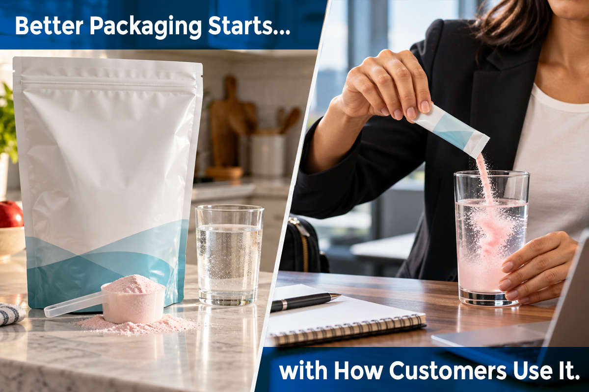 Stand-up pouch of powdered drink mix beside a measuring scoop and glass of water, contrasted with a consumer pouring a single-serving stick pack into a glass.