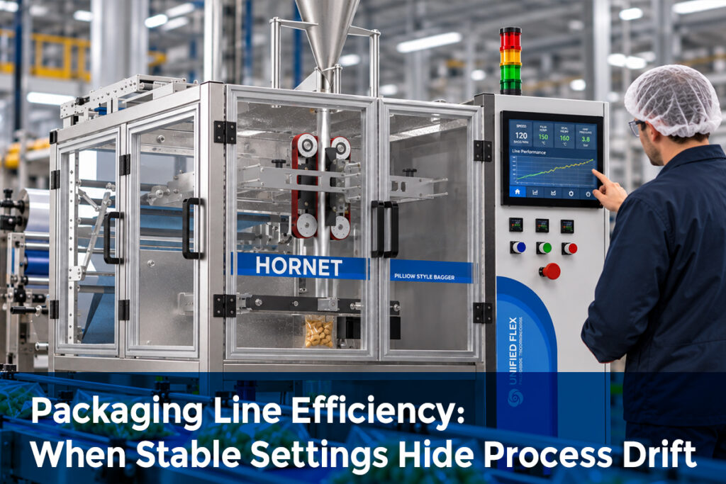 Packaging line efficiency monitoring on a VFFS machine, with an operator reviewing production performance and machine settings on a control panel.