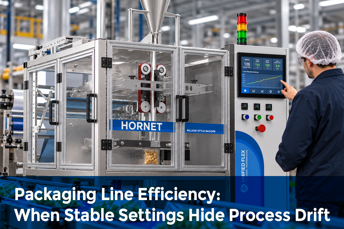 Packaging line efficiency monitoring on a VFFS machine, with an operator reviewing production performance and machine settings on a control panel.