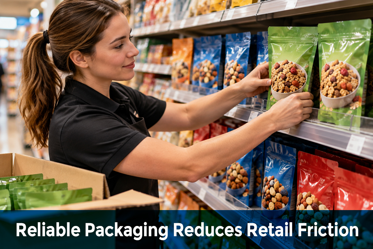 Store employee arranging flexible stand-up pouches on a retail shelf, highlighting how reliable packaging reduces retail friction.