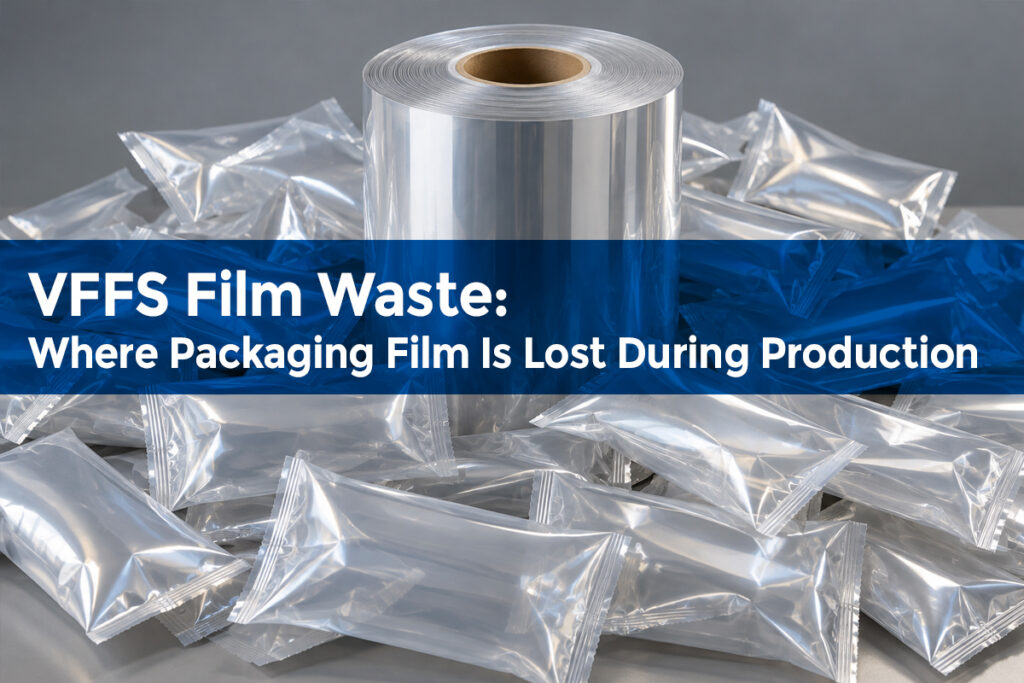 Roll of flexible packaging film surrounded by sealed pouches, illustrating VFFS film waste during packaging production.