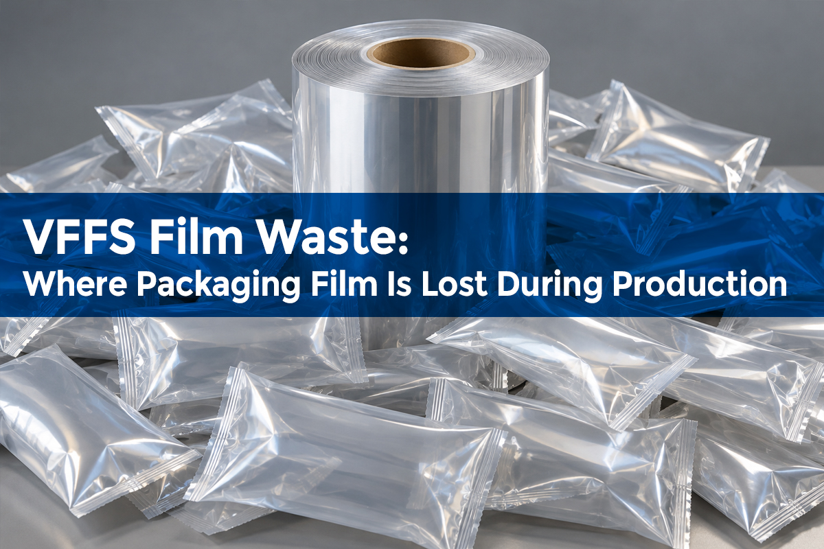 Roll of flexible packaging film surrounded by sealed pouches, illustrating VFFS film waste during packaging production.
